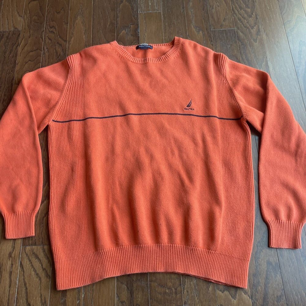 Vintage Nautica Cable Knit‎ Crewneck Sweater Men M Classic Orange Blue Cotton